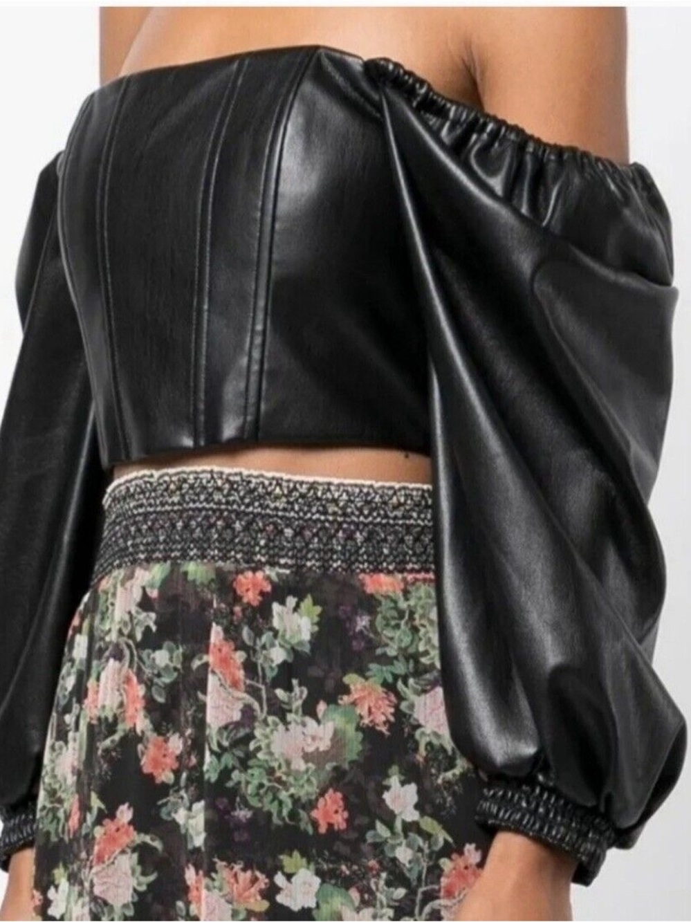 Alice + Olivia Brontë Vegan Leather Corset Puff Sleeve Top Black 0 NWT